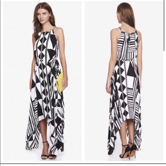 Black and White Geo Print Handkerchief Hem Maxi Dress Express Size Medium - Picture 1 of 16